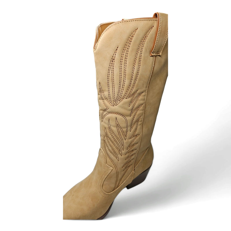 Tan Montana Western Boot featuring intricate embroidery and decorative stitching