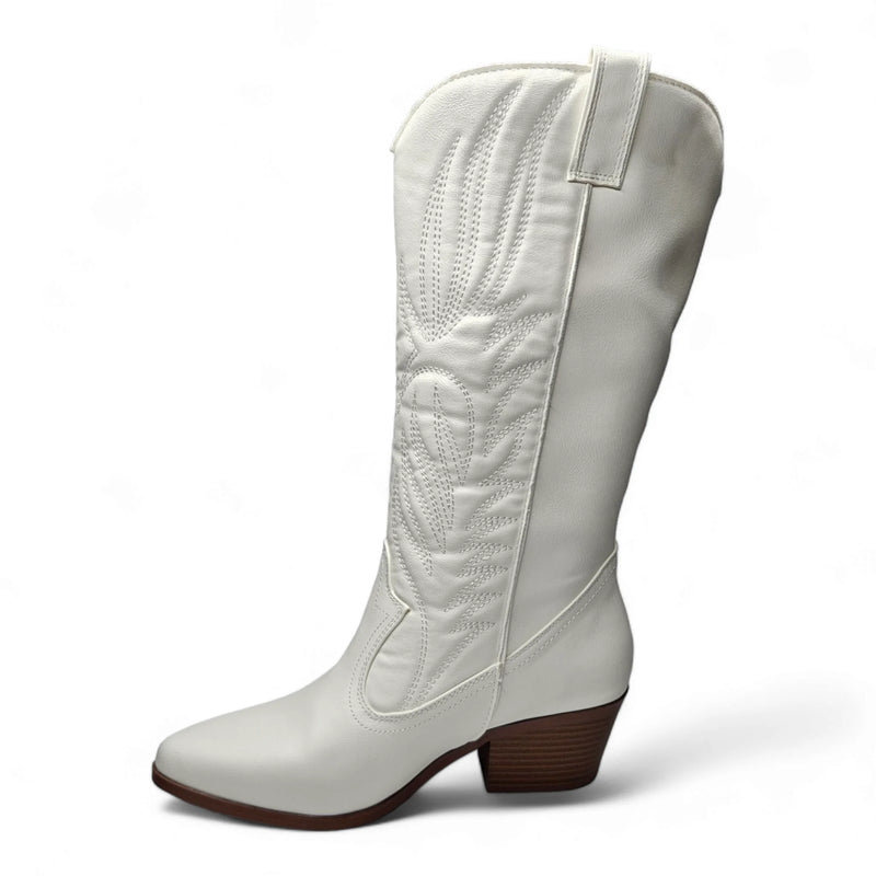 White leather Montana Western Boot with intricate embroidery and wooden heel