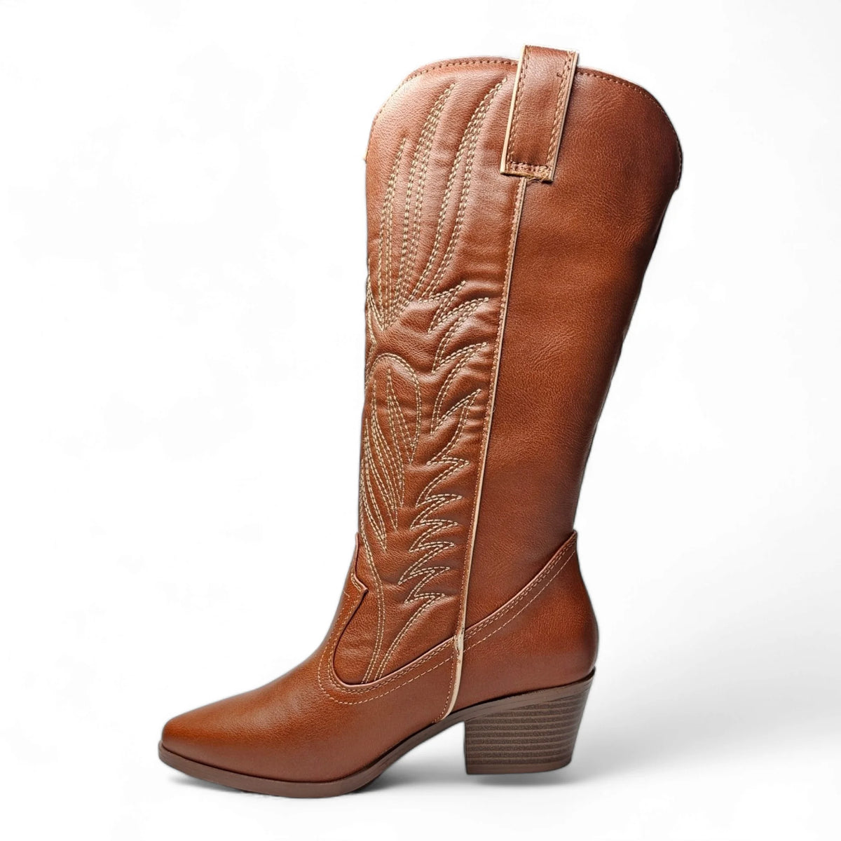 Brown leather Montana Western Boot with intricate embroidery and a stacked heel