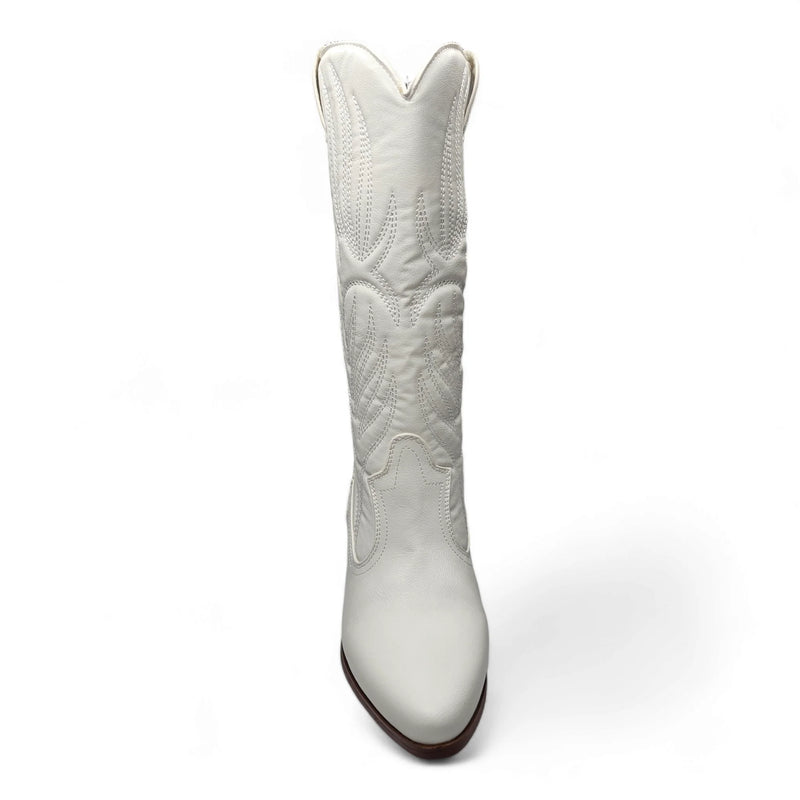 White leather Montana Western Boot featuring intricate embroidery on the shaft