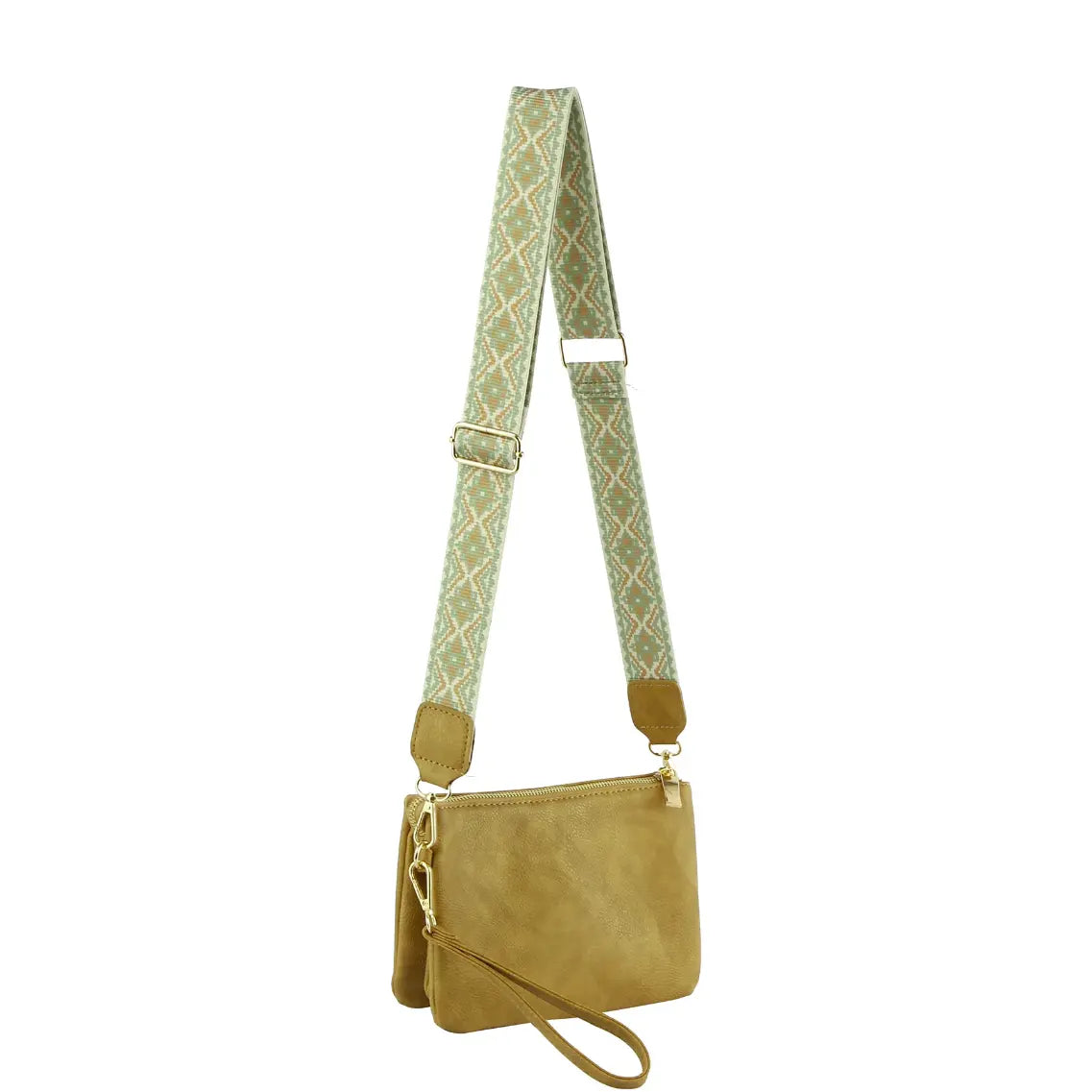 Mustard-colored multi compartment crossbody bag with patterned green guitar strap