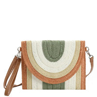 Multi Colored Striped Straw Clutch with earth-toned rainbow pattern and wrist strap