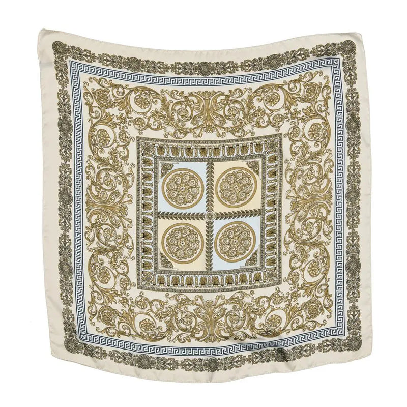 Ornate Multi Pattern Silky Square Neck Scarf in gold, blue, and cream colors