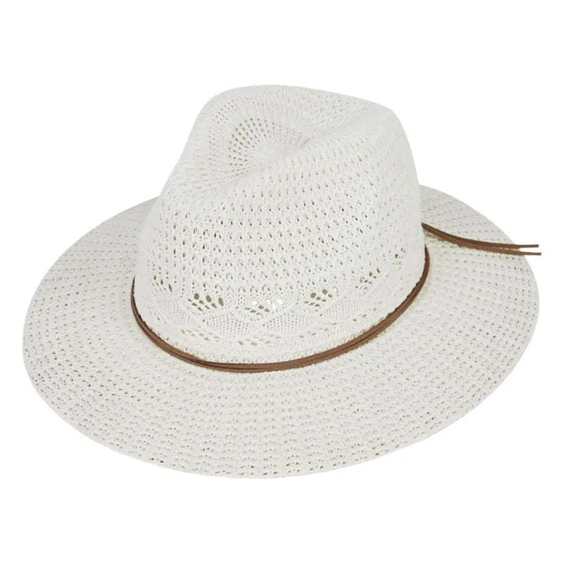 White woven fedora-style Multi Pattern Panama Hat with Suede String Band