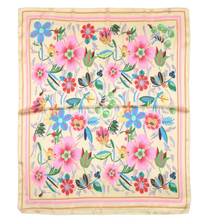 Colorful embroidered Multi Flower Pattern Square Scarf with vibrant flowers and leaves