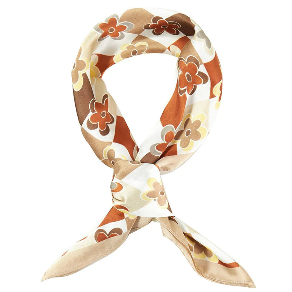 Floral print scarf featuring multi checkered floral pattern tied in a stylish loop