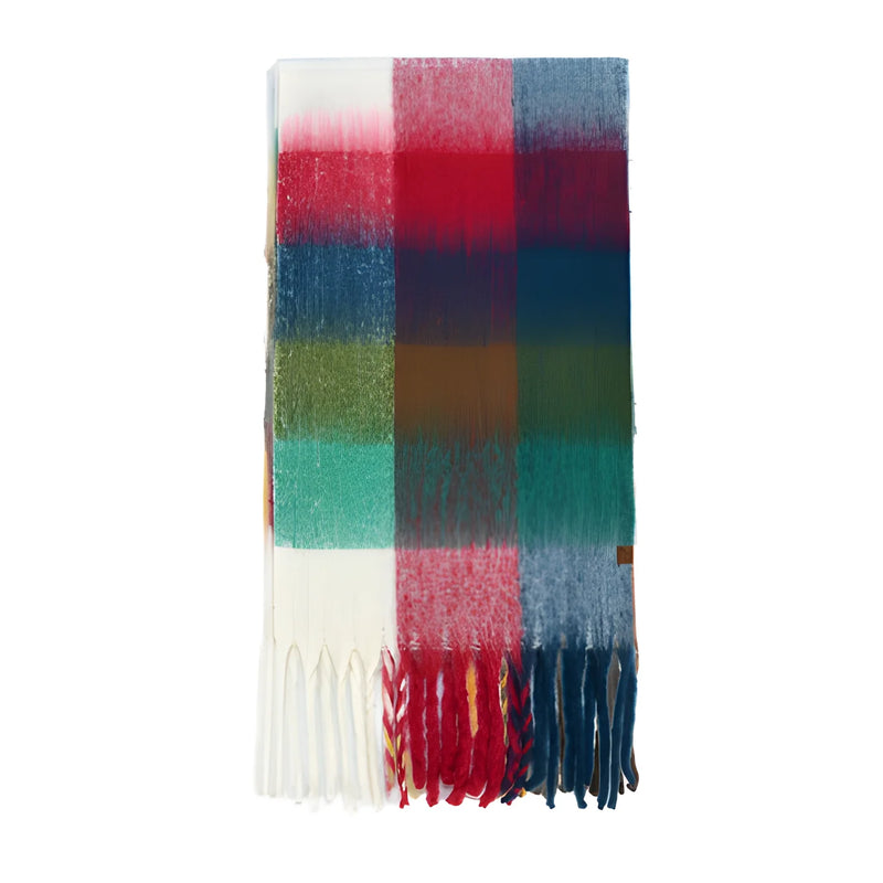 Colorful plaid scarf with fringe tassels for a stylish look in Multi Color Check Pattern Fringe Scarf