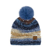 Knitted Multi Color Space Dye Pom Beanie with blue pom-pom and striped design
