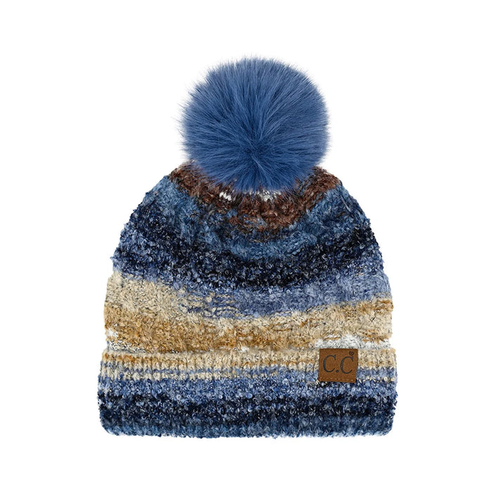 Knitted Multi Color Space Dye Pom Beanie with blue pom-pom and striped design