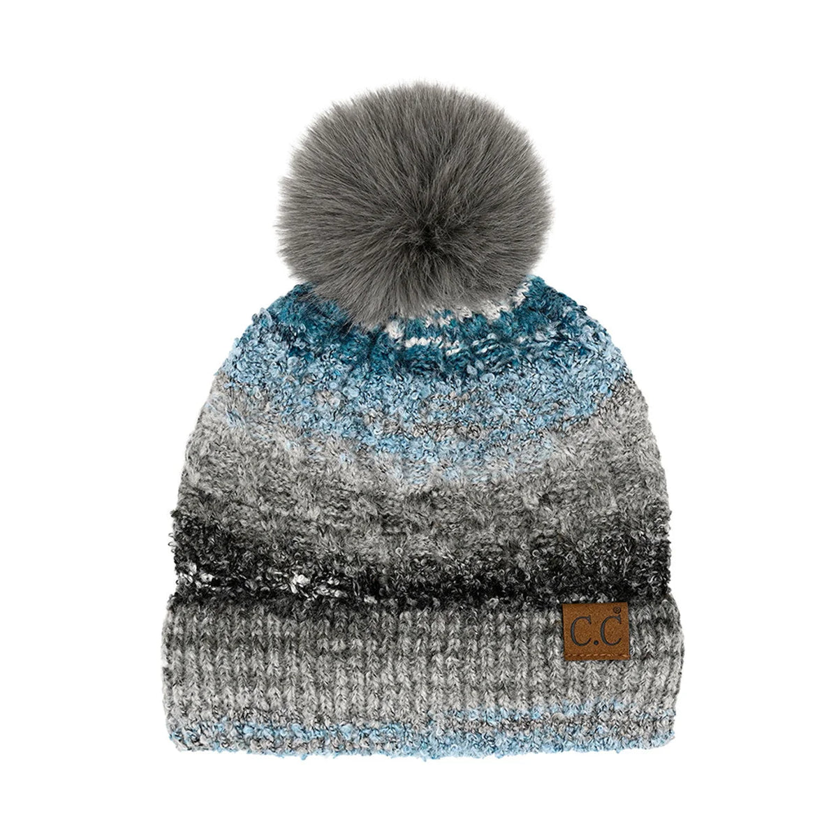 Knitted Multi Color Space Dye Pom Beanie with fuzzy pompom and gradient pattern
