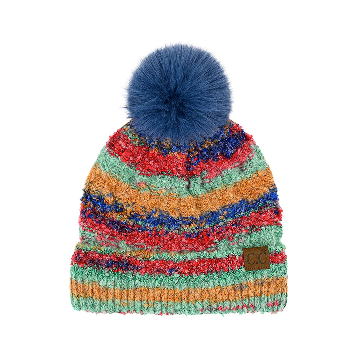 Colorful striped space dye beanie with blue pom-pom on top for stylish warmth