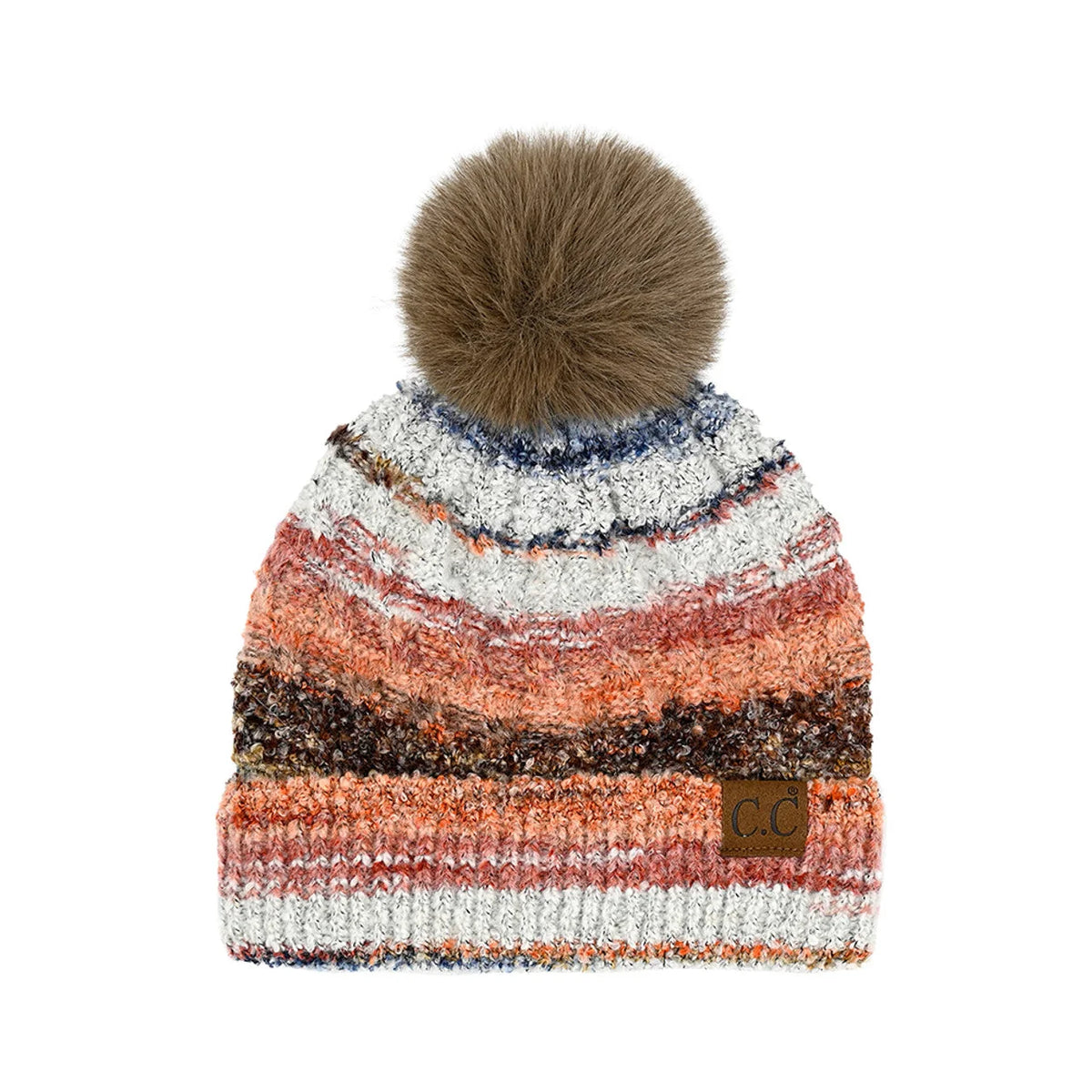 Knitted Multi Color Space Dye Pom Beanie with striped design and furry pom-pom