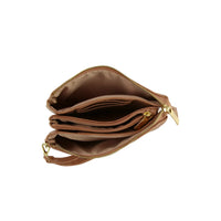 Brown leather multi compartment crossbody bag with gold zipper and multiple compartments