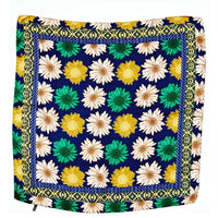 Colorful Multi Daisy Flower Print Scarf in silk with daisy-like flowers on navy background