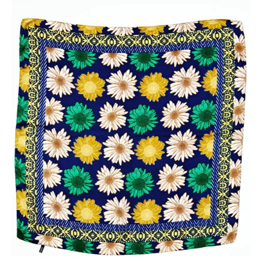 Colorful Multi Daisy Flower Print Scarf in silk with daisy-like flowers on navy background