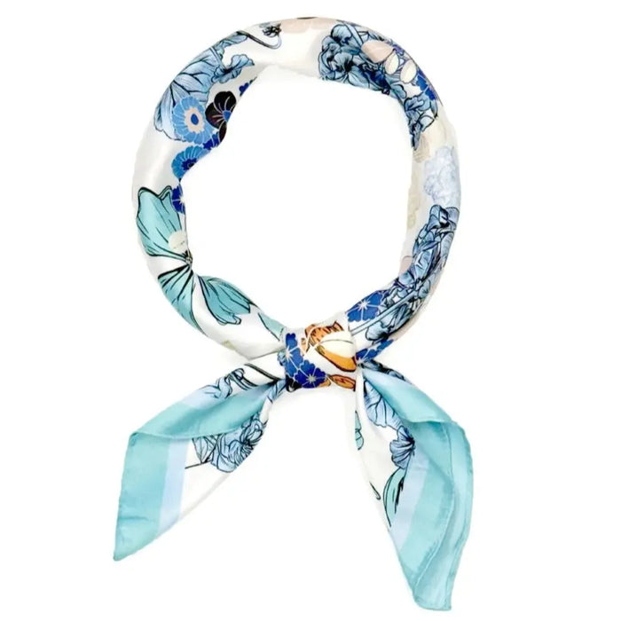 Multi Flower Pattern Square Bandana Scarf - Blue - SCARVES