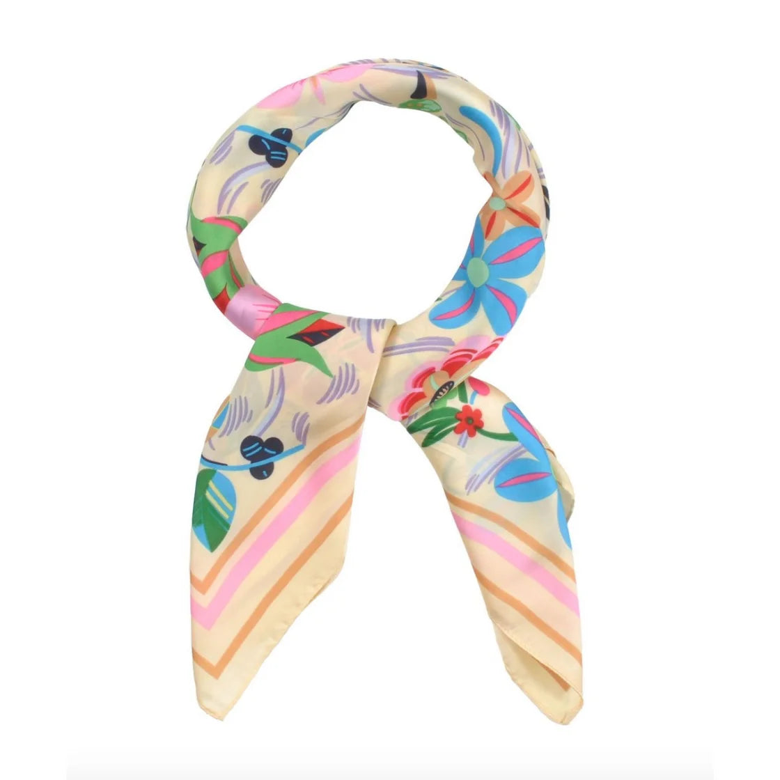 Colorful multi flower pattern square scarf tied in a loop, showcasing floral elegance