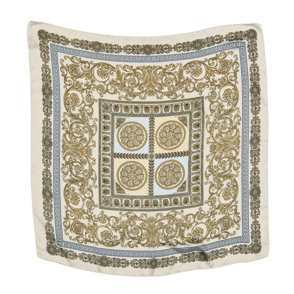 Ornate Multi Pattern Silky Square Neck Scarf in gold, blue, and cream colors