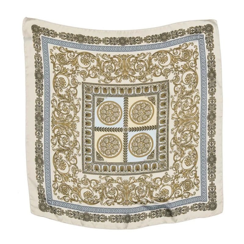 Ornate Multi Pattern Silky Square Neck Scarf in gold, blue, and cream colors