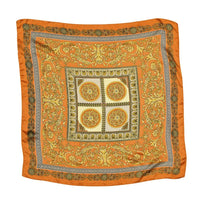 Ornate Multi Pattern Silky Square Neck Scarf with orange and gold baroque designs