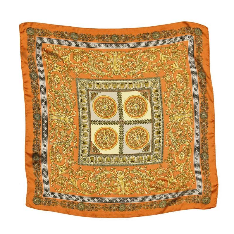 Ornate Multi Pattern Silky Square Neck Scarf with orange and gold baroque designs