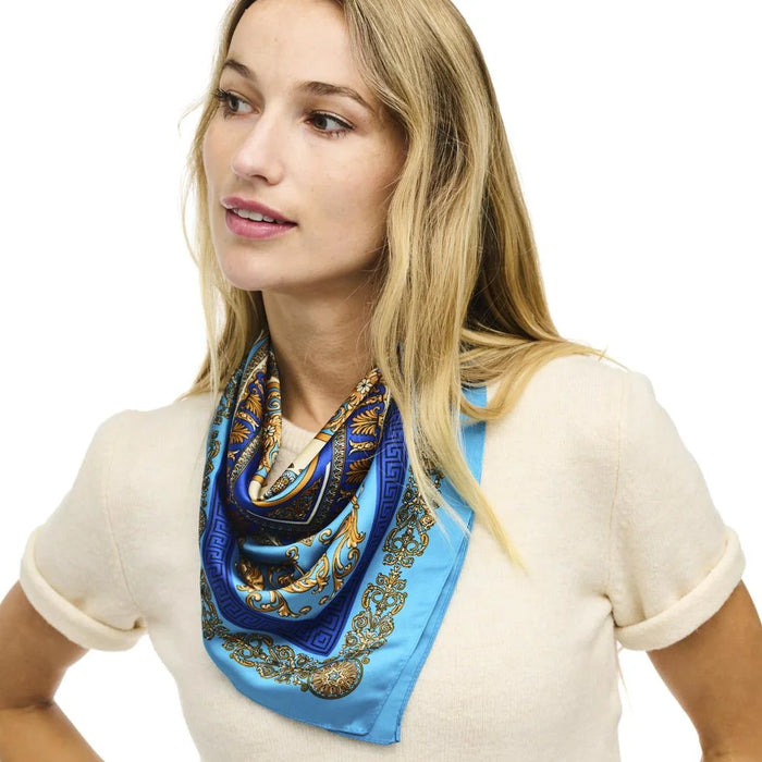 Decorative Multi Pattern Silky Square Neck Scarf featuring blue and gold paisley design