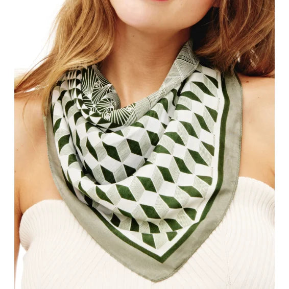 Patterned silk Multi Print Bandana Scarf featuring a geometric green and white design