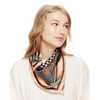 Patterned Multi Print Silky Bandana Neck Scarf in brown, turquoise, and black geometries