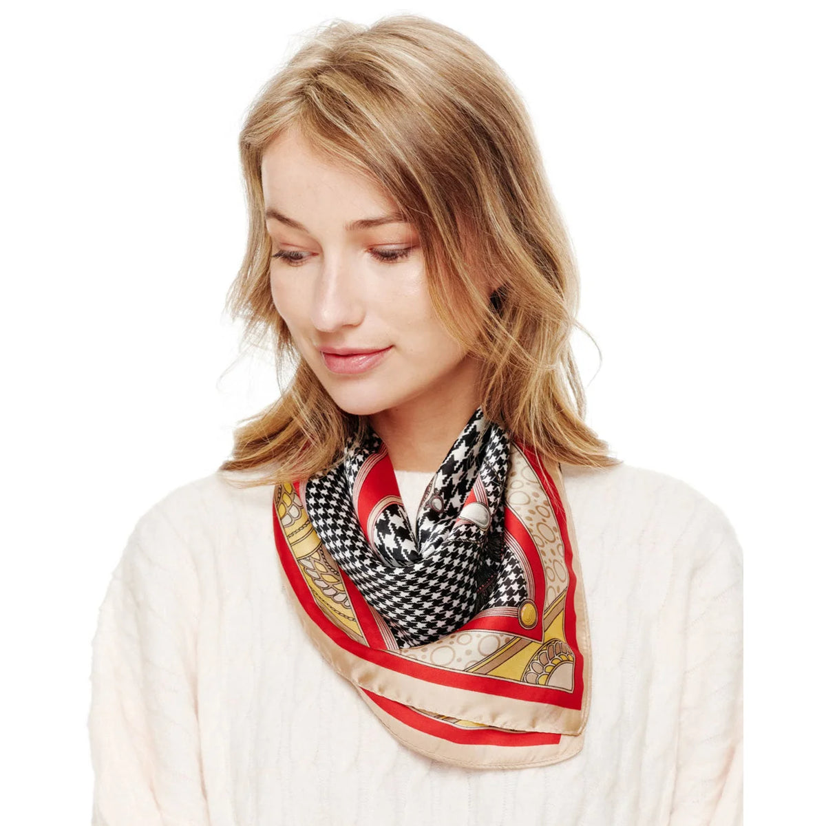 Stylish multi print silky bandana neck scarf with houndstooth pattern and red trim