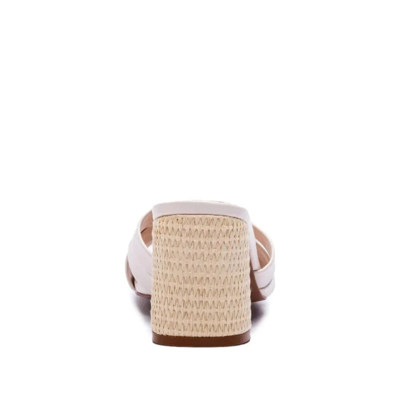 Beige Mykonos Multi Strap Mule featuring a woven heel and crisscrossed fabric straps