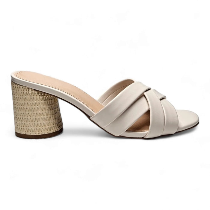 Beige leather Mykonos Multi Strap Mule sandal with woven heel for stylish comfort