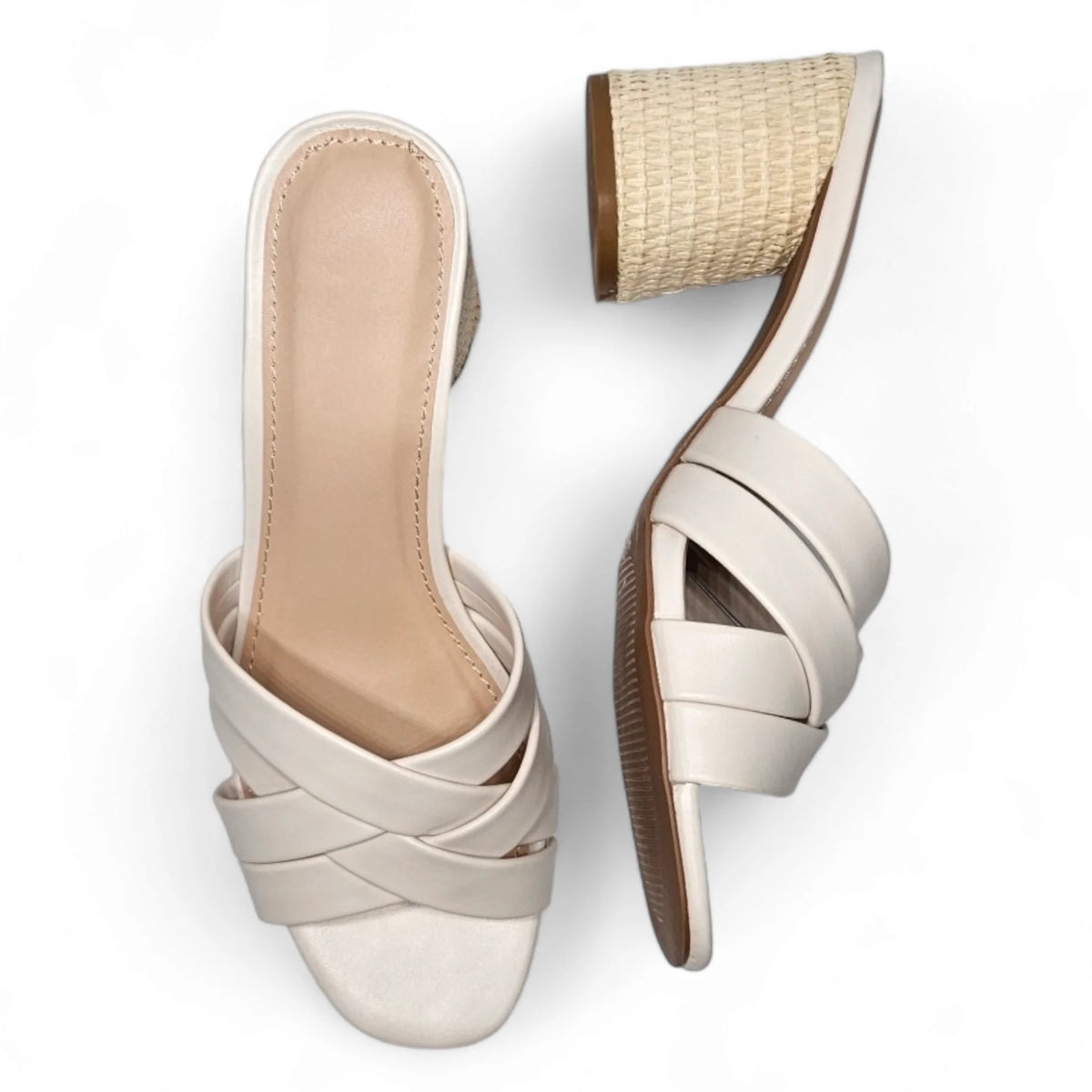 Cream-colored Mykonos Multi Strap Mule sandals with woven heel and crisscross straps