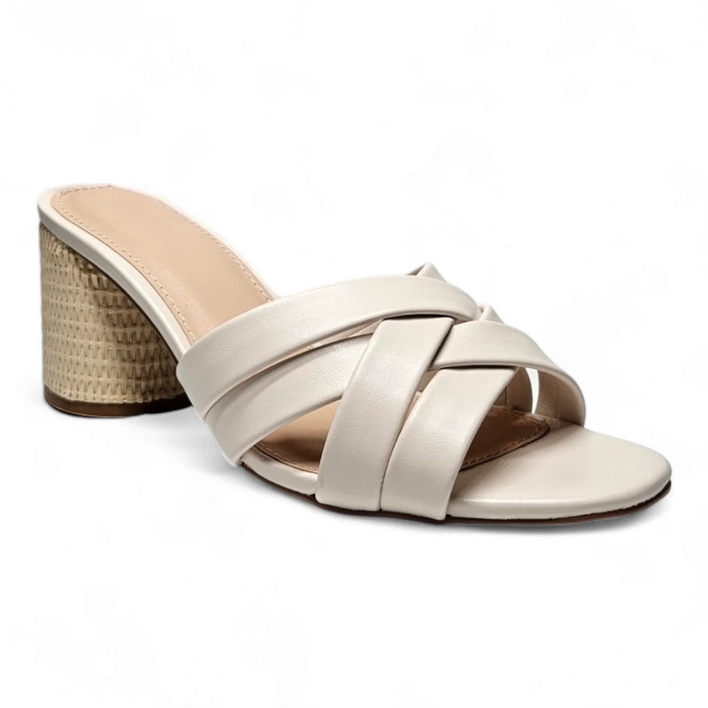 White leather Mykonos Multi Strap Mule with criss-crossed straps and woven heel
