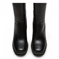 Mystery Black Leather Women’s Block Heel Platform Boot - BOOTS