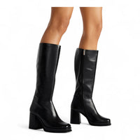 Mystery Black Leather Women’s Block Heel Platform Boot - BOOTS