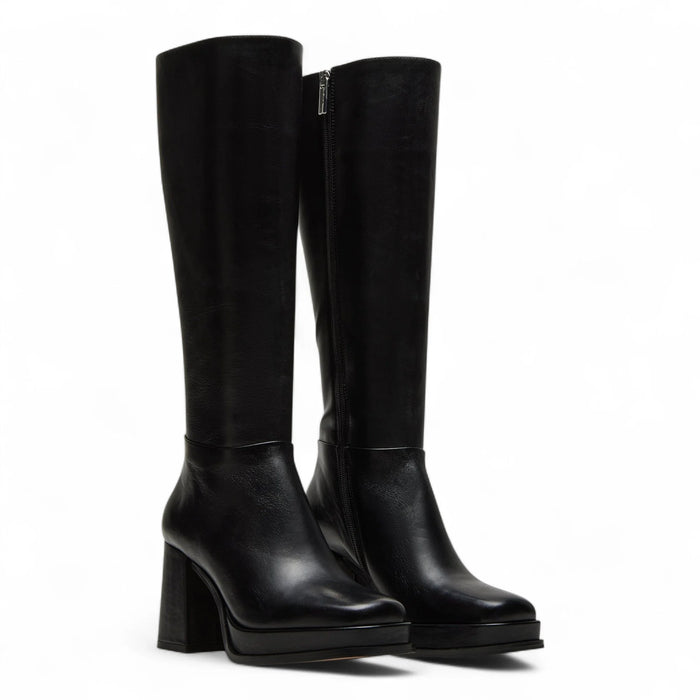 Mystery Black Leather Women’s Block Heel Platform Boot - BOOTS