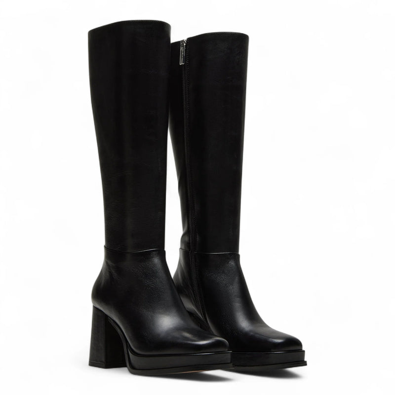 Mystery Black Leather Women’s Block Heel Platform Boot - BOOTS