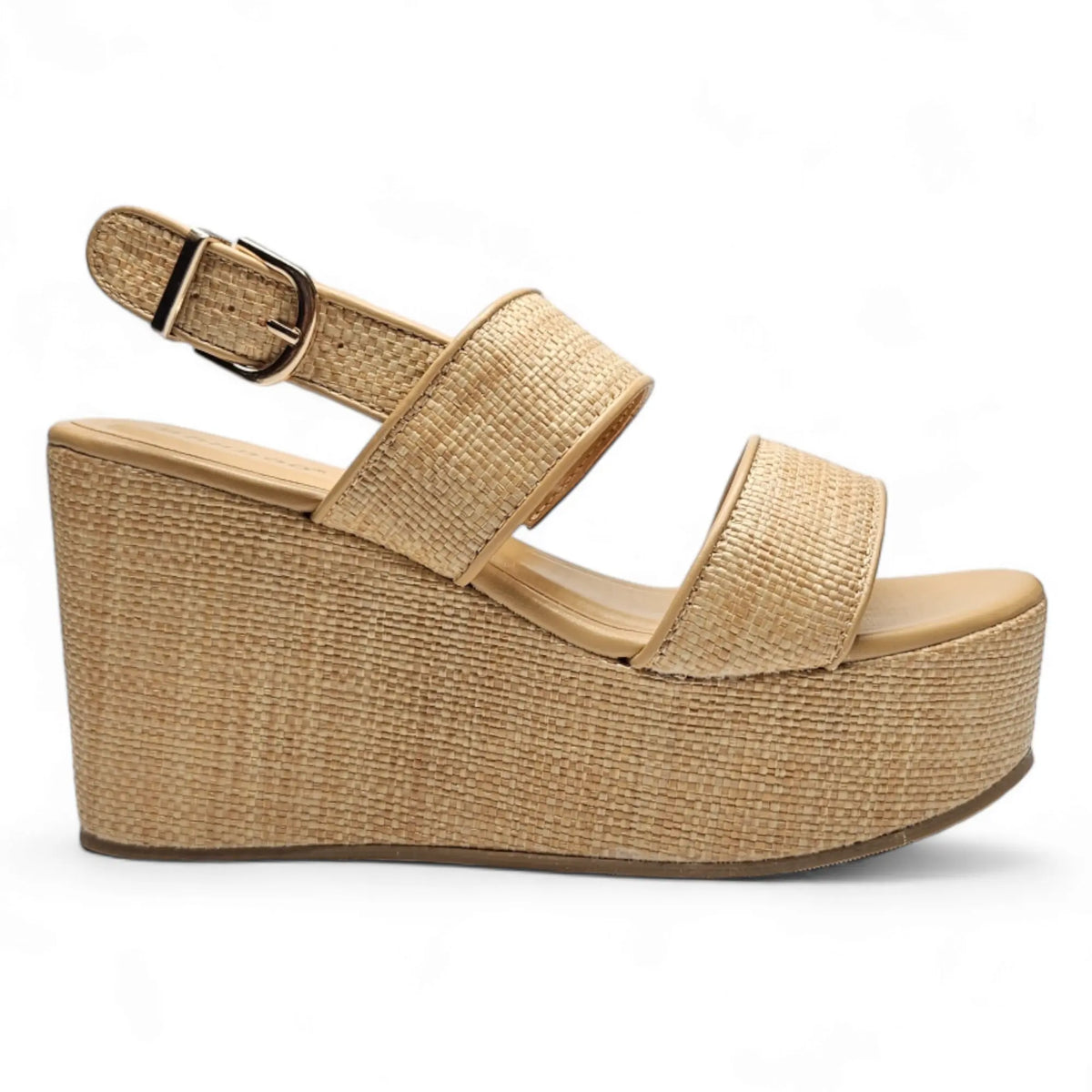 Beige Nopal Two Band Wedge sandal with buckle closure and woven platform design