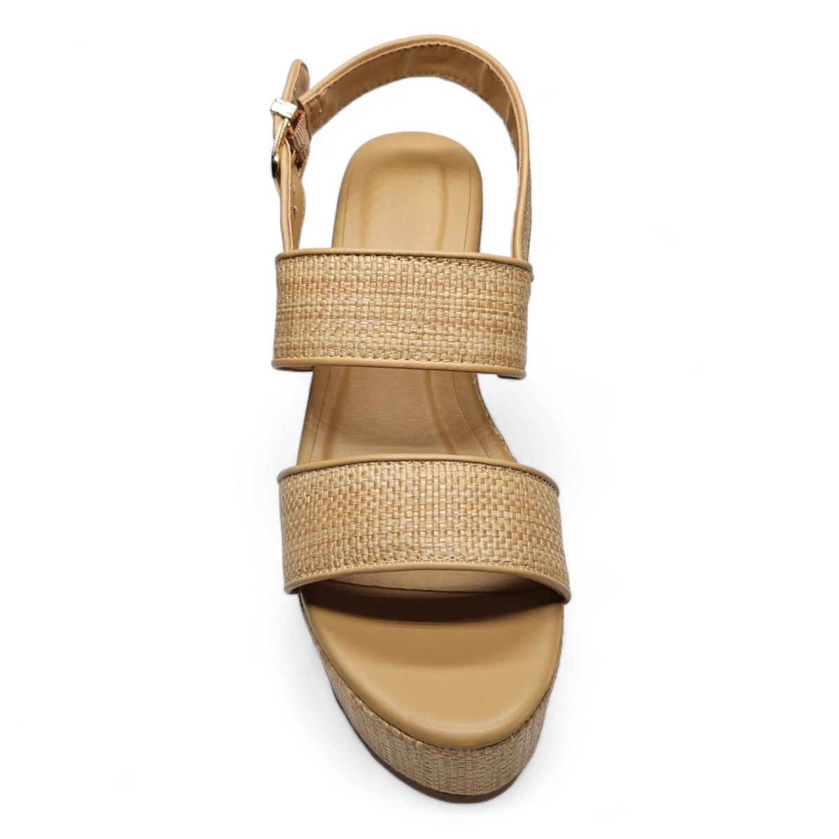 Beige Nopal Two Band Wedge sandal with woven raffia straps and slingback design