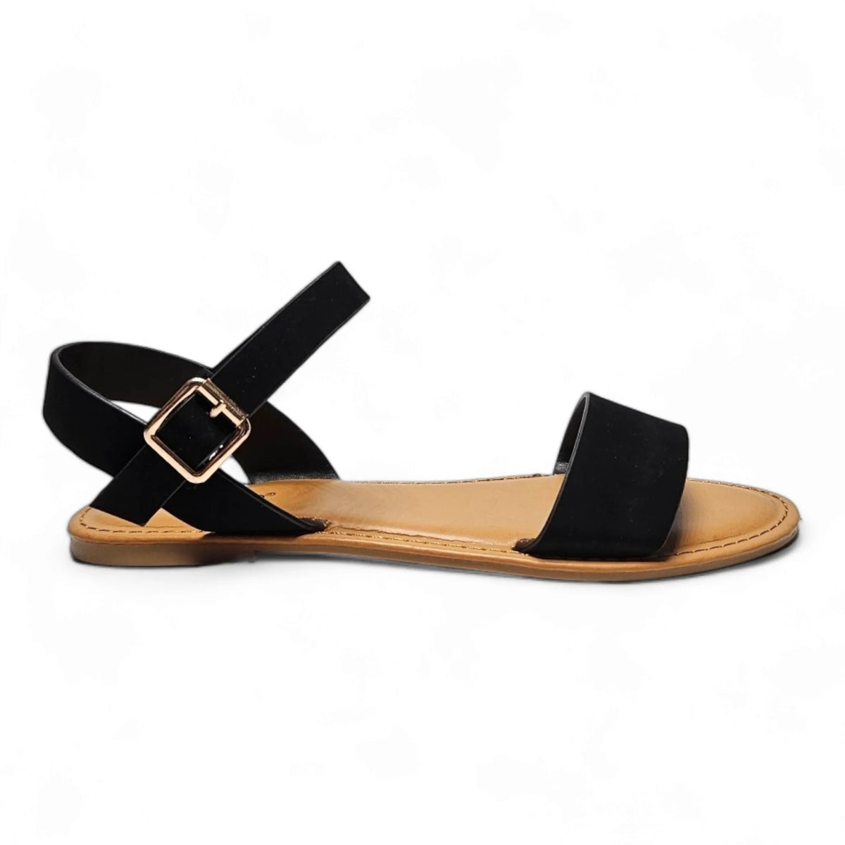 Black flat sandal with ankle strap and gold buckle, perfect for Ocean Is Calling collection