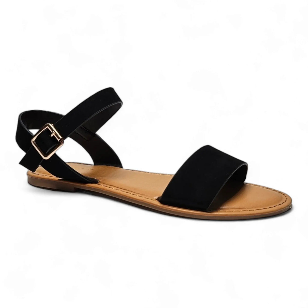 Black flat sandal with ankle strap and gold buckle from Ocean Is Calling, single strap design