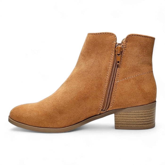 Tan suede On Repeat Bootie featuring a side zipper and low heel design