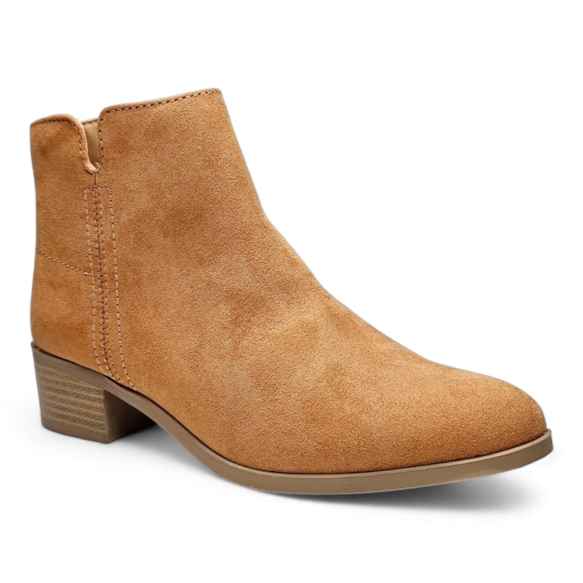 Tan suede ankle boot with low heel from On Repeat Bootie collection