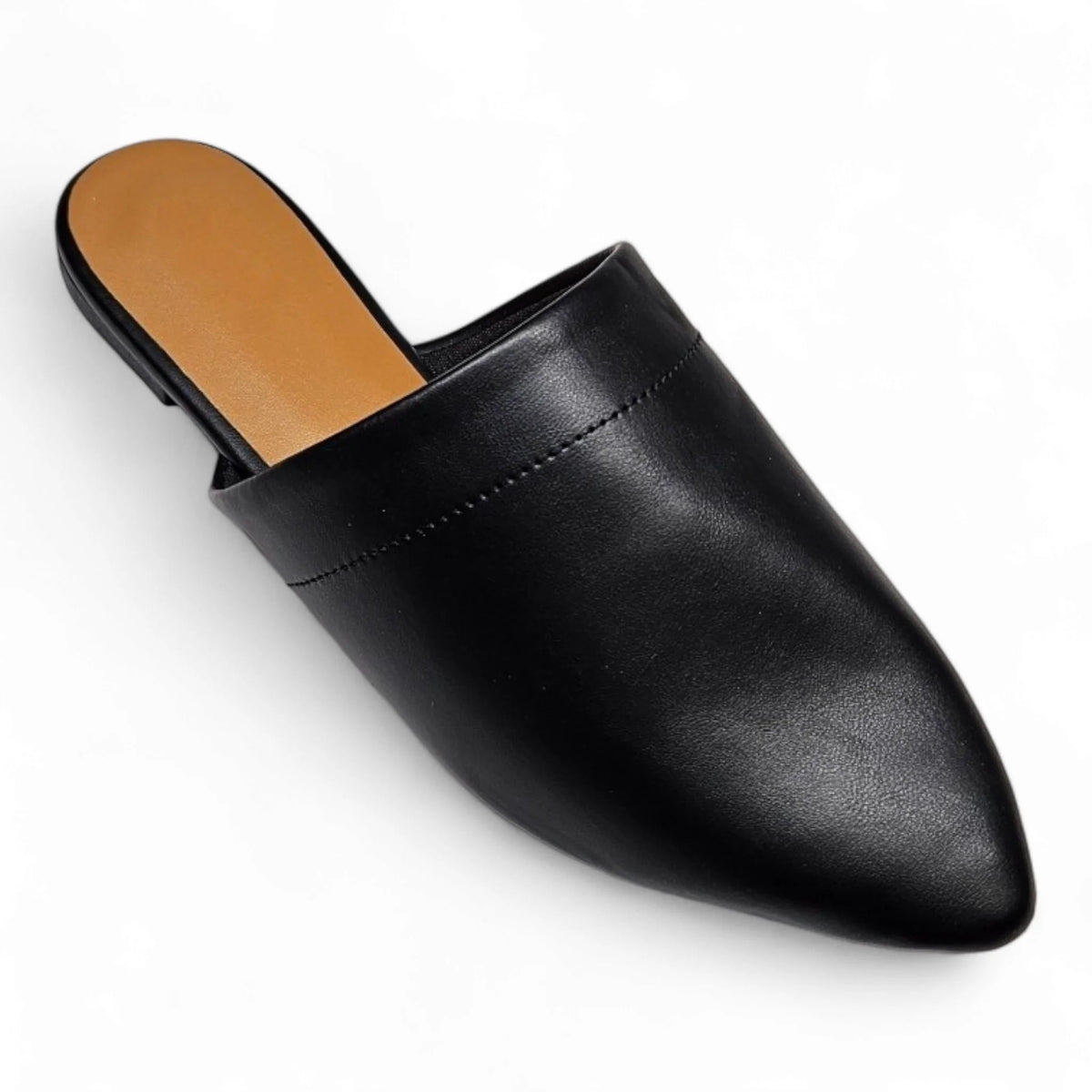 Black leather pointed-toe mule shoe with flat sole from On The Go Mule collection