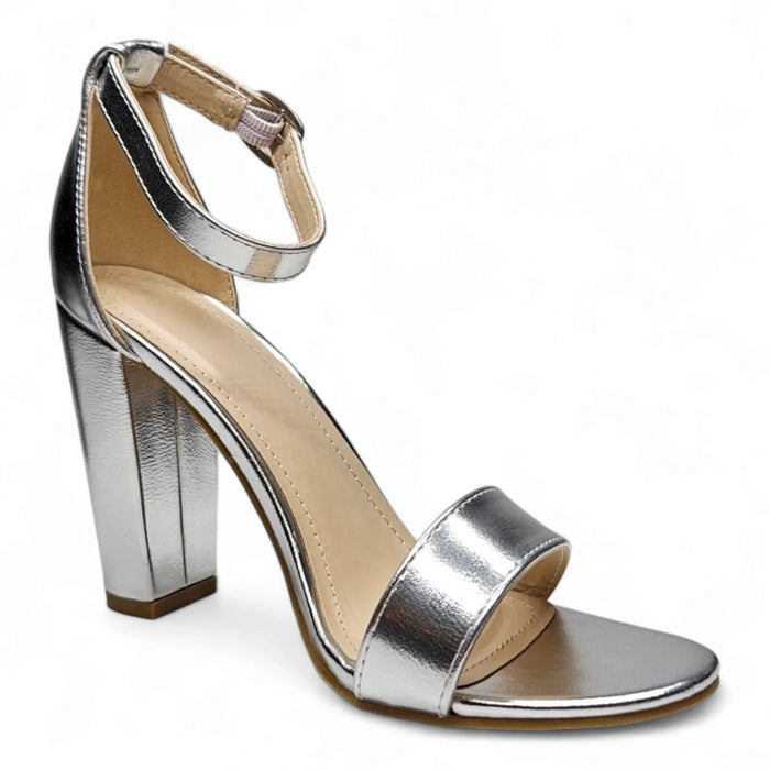 Silver Metallic Ankle Strap Heel with Chunky Heel - One Band With Ankle Strap Heel