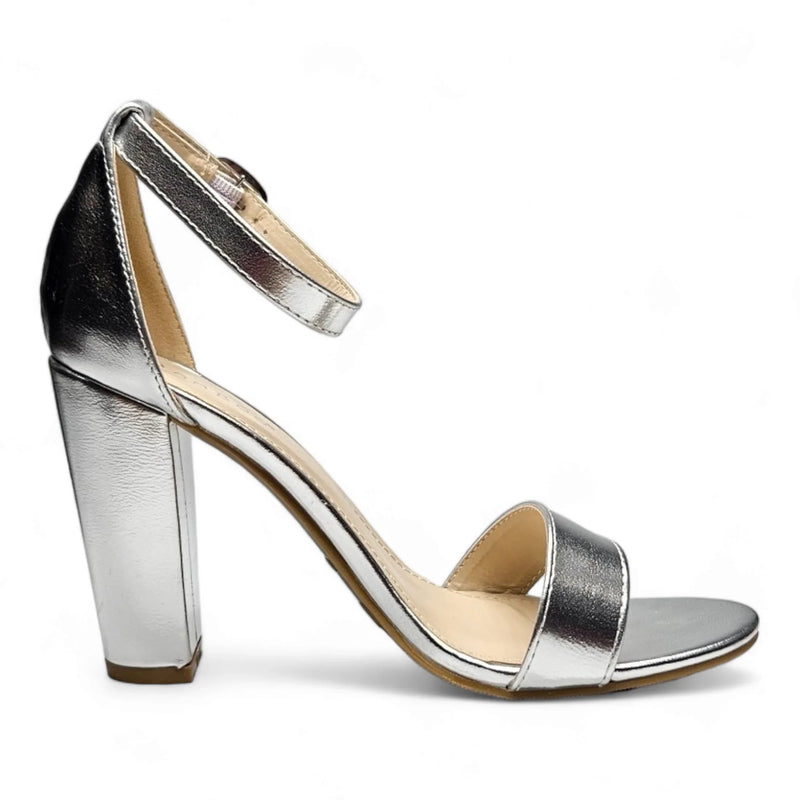 Silver metallic ankle strap heel sandal with elegant design and adjustable strap