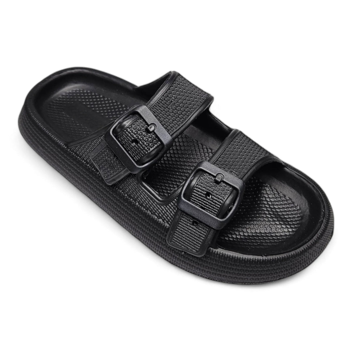 Black Open Toe Pillow Cloud Slide featuring adjustable straps and textured footbed