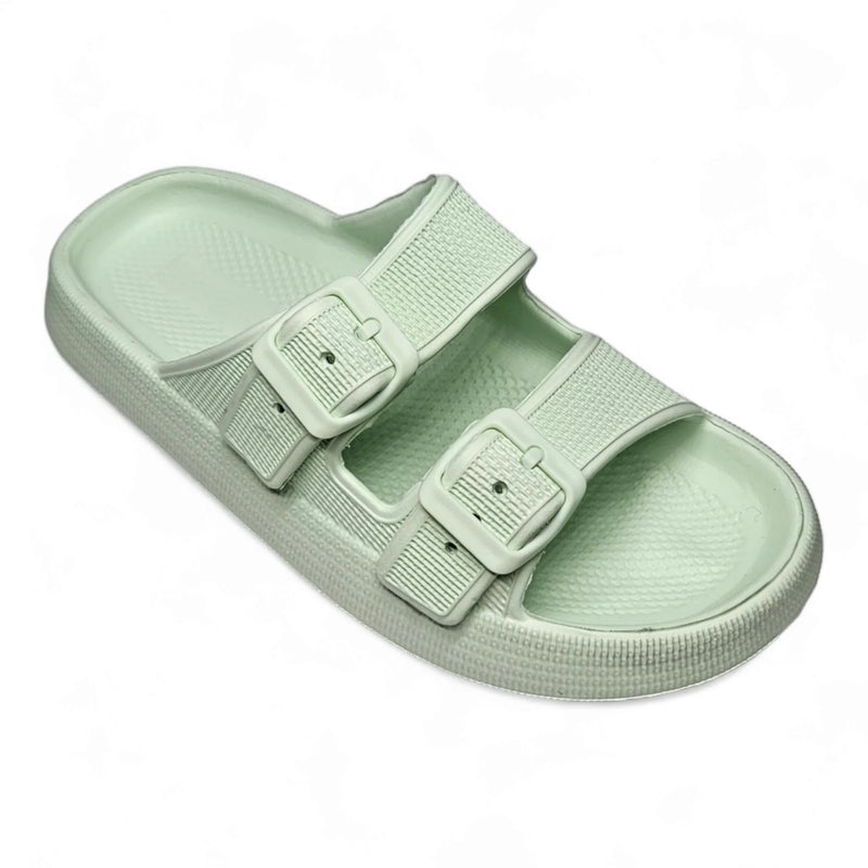 Mint green Open Toe Pillow Cloud Slide sandal with two adjustable buckle straps