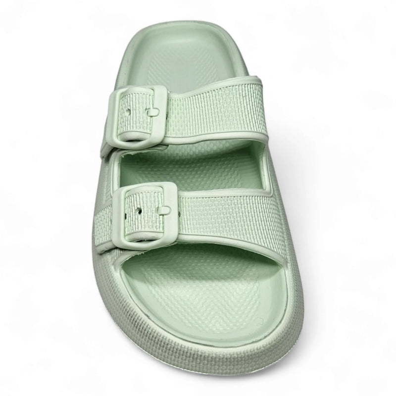 Mint green Open Toe Pillow Cloud Slide sandal with two adjustable buckle straps