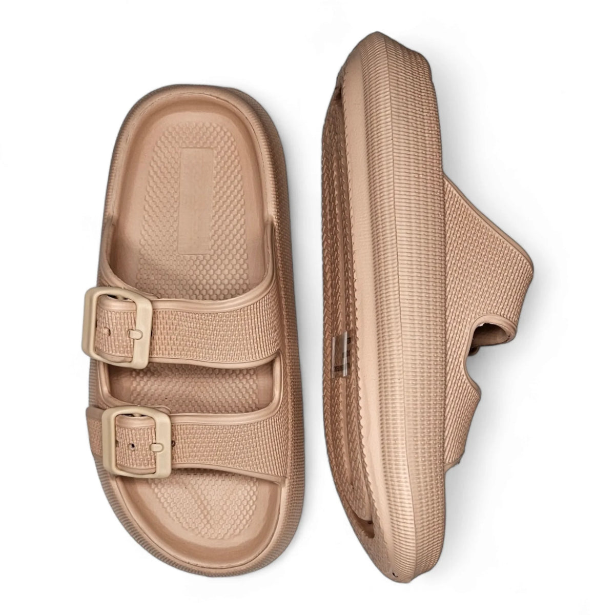 Beige Open Toe Pillow Cloud Slide sandals with adjustable buckle straps